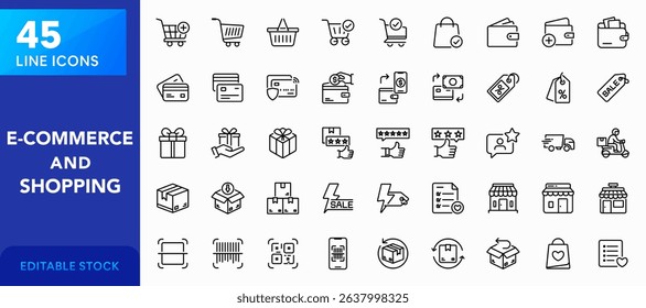 E-commerce and shopping line icon set. Online store, shopping cart, checkout, wallet, credit card, payment method, discount tag, gift box, product review, delivery, package, vector icon collection.