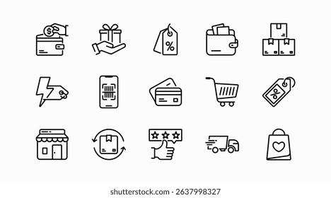 E-commerce and shopping line icon set. Online store, shopping cart, checkout, wallet, credit card, payment method, discount tag, gift box, product review, delivery, package, vector icon collection.