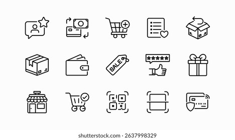 E-commerce and shopping line icon set. Online store, shopping cart, checkout, wallet, credit card, payment method, discount tag, gift box, product review, delivery, package, vector icon collection.