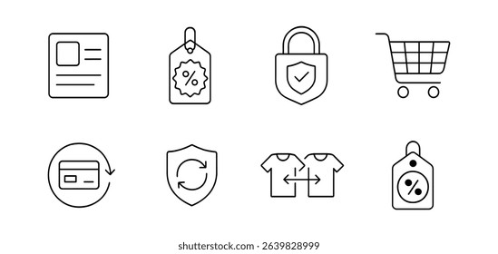 E-commerce, shopping line icon set. secure payment, cart, tag, protection icons collection