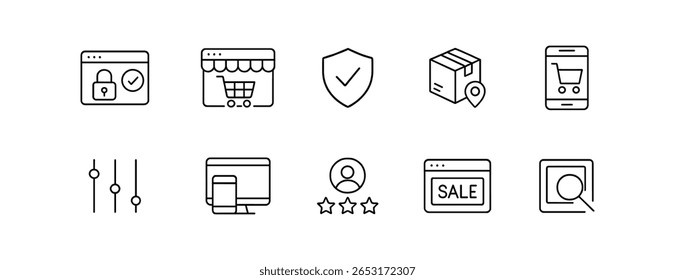 Comercio electrónico, conjunto de iconos de línea de compras. transacciones seguras, Carrito, iconos de venta estilo de contorno