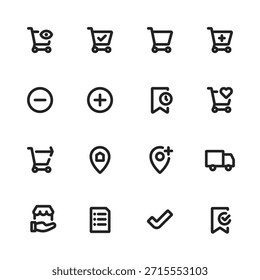 Conjunto de iconos de línea de compras de comercio electrónico con agregar al Carrito, Completar compra, Carrito de lista de deseos, Botones más y menos, lista de pedidos, marcador, pin de ubicación, recogida en la tienda, camión de entrega e iconos de verificación de confirmación. Ideal para tiendas online, marketplace, interfaz de aplicaciones móviles y paneles de Web. Iconos editables del vector del esquema.
