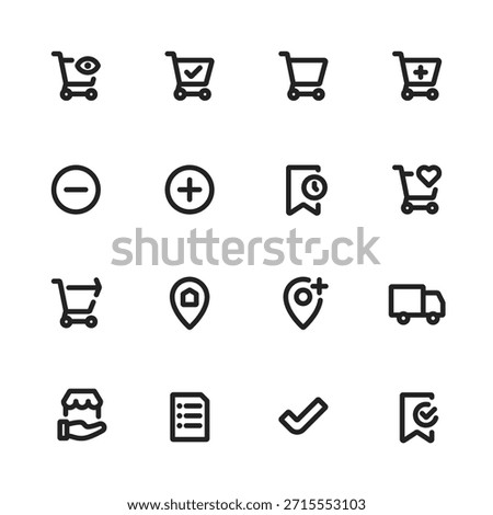 Ecommerce shopping line icon set featuring add to cart, checkout, wishlist cart, plus and minus buttons, order list, bookmark, location pin, store pickup, delivery truck, and confirmation check icons. Ideal for online store, marketplace, mobile application interface, and web dashboards. Editable outline vector icons.