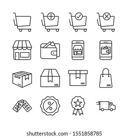 E-commerce and shopping line icons set vector illustration. Mobile Shop, Digital marketing, Gifts, cart list, online store, wallet, package, sale, star seller, and more.