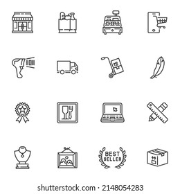 E-Commerce and Shopping line icons set, outline vector symbol collection, linear style pictogram pack. Signs logo illustration. Set includes icons as best seller award, quality certificate, shop store