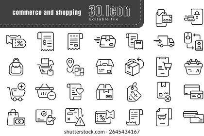 E-commerce and shopping line icons set. Pixel perfect. Thin outline Editable Stroke file. The set contains icons: Online Shopping, Black Friday, Discounts, Best Price, Home Shopping, Home Delivery, St