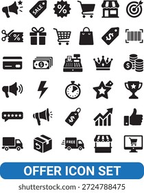 E-commerce y Shopping ofrecen conjunto de iconos. Ilustración de símbolo de Vector sólido