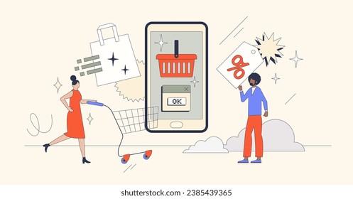 E-commerce as shopping on internet web shops retro tiny person concept. Distant retail store with special price offers for mobile app users vector illustration. Buy and order products with delivery.