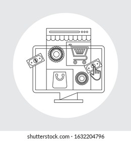 E-commerce. Shopping online. Computer and goods in the shopping cart.