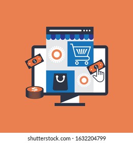 E-commerce. Shopping online. Computer and goods in the shopping cart.