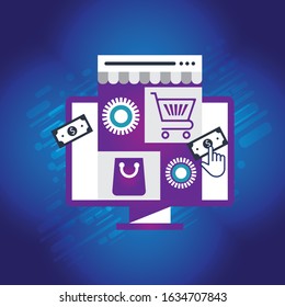 E-commerce. Shopping online. Computer and goods in the shopping cart.