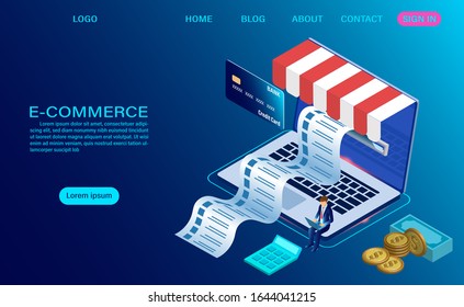 E-commerce shopping online with computer laptop. Vector 3d isometric template