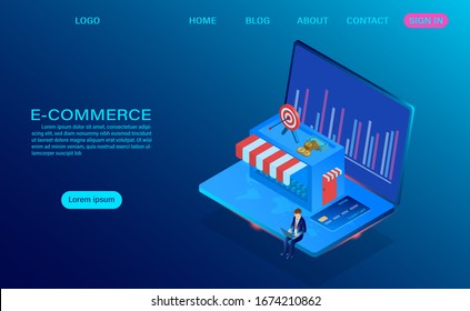 E-commerce shopping online with computer laptop. Vector 3d isometric template