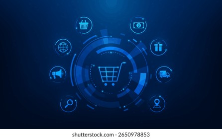 e-commerce compras on-line tecnologia global com ícone fundo. ilustração vetor tecnologia fantástica.