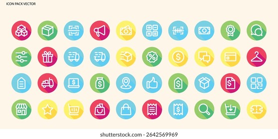 E-commerce and Shopping Online Marketplace Icons with Long Shadow Design