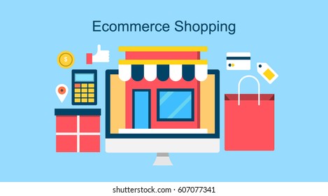 Ecommerce shopping, on-line store marketing, e-payment, digital business development concept with icons on blue background