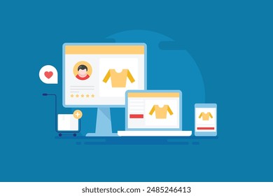 eCommerce shopping, Online store selling products through eCommerce platform, eCommerce website and application - vector illustration with icons 