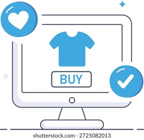 E-Commerce-Shopping-Plattform mit einem blauen Hemd auf einem Computer-Bildschirm mit Kasse Symbole und kaufen Taste isometrische flache Vektorgrafik.