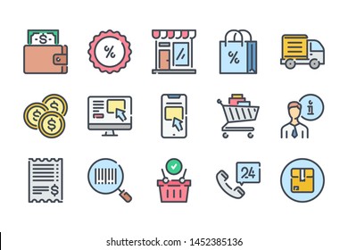 Ecommerce And Shopping Related Color Line Icon Set. Web Store Colorful Linear Icons. Online Shopping Flat Color Outline Vector Sign Collection.