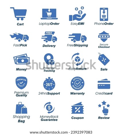 E-commerce shopping related icon store blue set such as order, payment, delivery, warranty, support, review etc included in this set, Editable vector looks perfect in small size.
