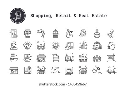 E-commerce, shopping, retail, real estate business thin line icons set. Modern linear logo concept for web, mobile application. Online shop, delivery, moving service, realty business vector pictogram.