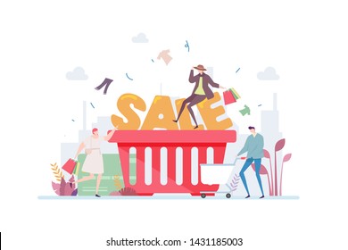 Ecommerce Shopping Sale Vector Illustration Concept Showing Happy Shopper Enjoying Sale With A Shopping Bag and Cart, Suitable for landing page, ui, web, app intro card, editorial, flyer, and banner