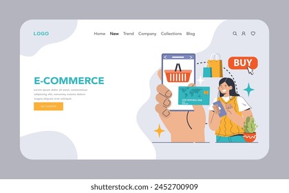 E-Commerce shopping scene. Modern consumer using smartphone for online purchases, credit card payment ready. Seamless buying experience in digital marketplace. Flat vector illustration