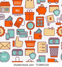 E-commerce, shopping seamless pattern with thin line icons: shopping cart, payment method, delivery, sale. Vector illustration for background of banner, web page, print media.