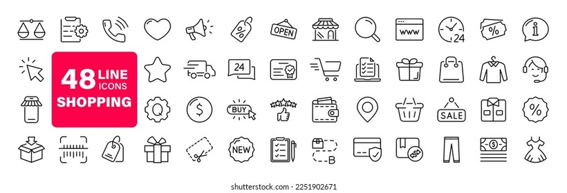 E-commerce and shopping set of web icons in line style. Shop icons for web and mobile app. Black Friday. Sale discount, mobile shop, digital marketing, delivery, bank card, gifts. Vector illustration