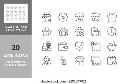 e-commerce and shopping thin line icon set 2 of 3. Outline symbol collection. Editable vector stroke. 64 and 256 Pixel Perfect scalable to 128px