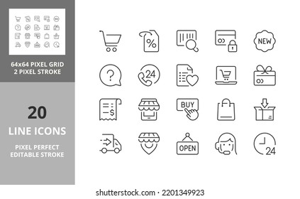 e-commerce and shopping thin line icon set 1 of 3. Outline symbol collection. Editable vector stroke. 64 and 256 Pixel Perfect scalable to 128px