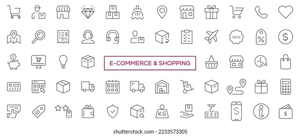 Juego de iconos de línea delgada de compras de comercio electrónico. Compra, compras en línea, colección de iconos de trazo editable para E-Commerce