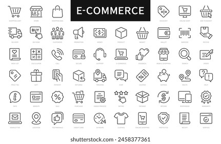 Conjunto de iconos de línea fina de comercio electrónico y compras. E-Commerce, Tienda, Compras en línea Editable Iconos de trazo colección. Símbolos de compras. Ilustración vectorial