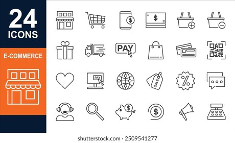 E-Commerce und Shopping dünne Linie Symbole gesetzt. E-Commerce, Shop, Online-Shopping Editierbare Stroke Icons Sammlung. Einkaufssymbole festgelegt. Bearbeitbare Strichliniensymbole in der Vektorgrafik