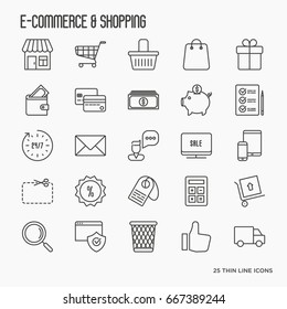 E-commerce, shopping thin line icons set contains such element as shopping cart, payment method, delivery, sale. Vector illustration.