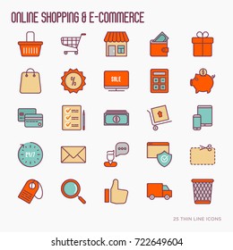 E-commerce, shopping thin line icons set: shopping cart, payment method, delivery, sale. Modern vector illustration.