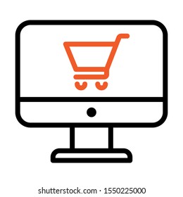 E-Commerce. Shopping trolley placed in the middle on display computer. Simple design. Line vector. Isolate on white background.