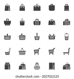 Juego de iconos de comercio electrónico y vectores de compra, colección moderna de símbolos sólidos, paquete de pictogramas estilo relleno. Ilustración del logotipo de los carteles. Set incluye iconos como bolsa de compra, canasta, carrito, carrito, paquete de papel