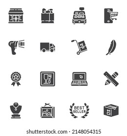 E-Commerce and Shopping vector icons set, modern solid symbol collection, filled style pictogram pack. Signs logo illustration. Set includes icons as best seller award, quality certificate, shop store