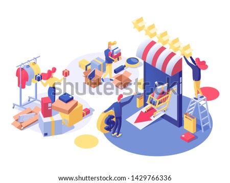 E-commerce and shopping vector isometric illustration. Shop assistant doing inventory, entrepreneur opening store and buying products for sale 3d characters. Consumerism, trading and retail business