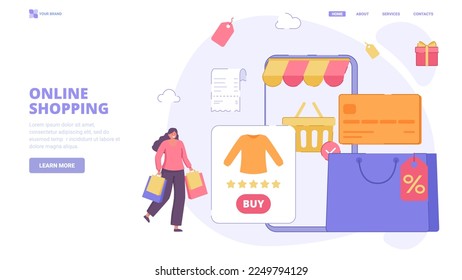 E-commerce, shopping via smartphone, easy order, online shopping design concept for landing page. Flat vector illustration with tiny characters for  website, banner, hero image.