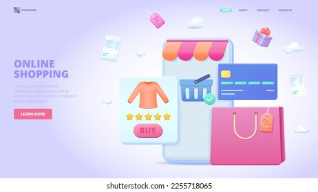 E-commerce, shopping via smartphone, easy order, online shopping design concept for landing page. 3d vector illustration with tiny characters for  website, banner, hero image.