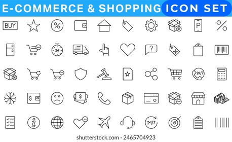 E-commerce and shopping web icons in line style. Mobile Shop, Digital marketing, Bank Card, Gifts. Vector illustration