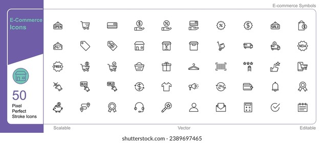 Ecommerce signs and symbols icon 50 set single stroke vector collection expandable and color changeable pixel perfect arrow sets.