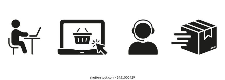 Ecommerce Silhouette Icon Set. Buy In Online Store Symbol Collection. Delivery Service Support Glyph Pictogram. Shopping Steps Solid Sign. Isolated Vector Illustration.