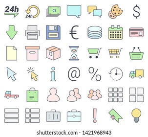 E-commerce simple thin icon set, filling with pastel colors, isolated on white background