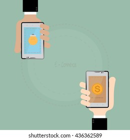 E-commerce in smart phone on two Business hand.Business Concept Illustration.
