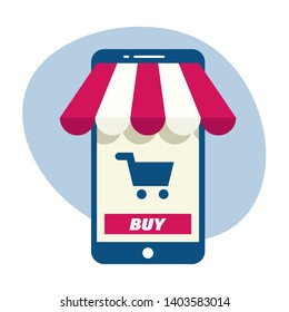 Ecommerce smartphone vector illustration on a blue rounded background