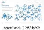 Ecommerce, social media ad, digital market business Isometric illustrations set. Busy people teamwork 3d scene. Men, women work team. Vector Infographic, presentation design. SEO strategy icon concept