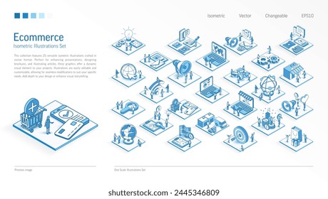 E-Commerce, Social Media und Digital Market Business Isometrische Illustrationen gesetzt. Beschäftigte Menschen Teamarbeit 3D-Szene. Männer, Frauen, Arbeitsteam. Vektorgrafik Infografik, Präsentationsdesign. SEO-Strategie-Icon-Konzept